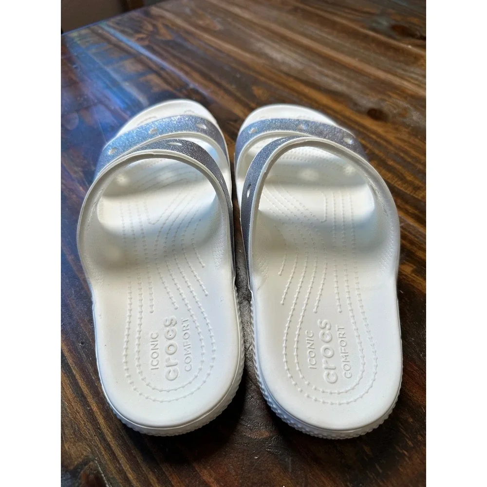 Crocs Glitter 2 Strap Slide Sandal Women's 9 or Men 7‎ White Silver Sparkle Shoe